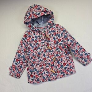 Mini Boden Duffle Coat Girls 3-4Y Pink Blue Toggle Floral Striped Lined Outdoor